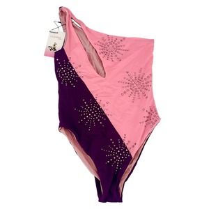 OCEANUS One Shoulder One Piece Swimsuit Pink Purple Cutout Rhinestone S NEW